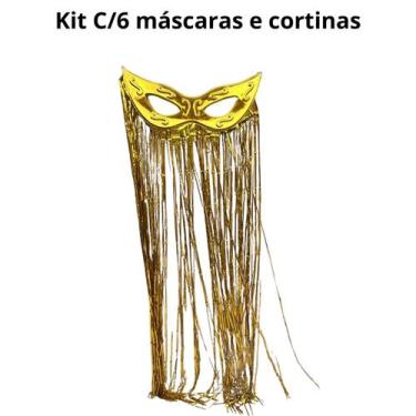 Imagem de Kit C 6 Cortinas 6 Máscaras Grande Dourado Plástico Carnaval - sm deco