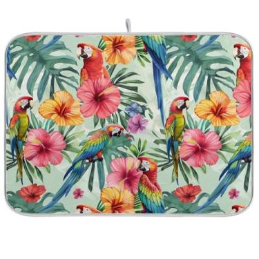 Imagem de Tapete de secagem de pratos verde papagaios tropicais para balcão de cozinha, tapete absorvente de café, escorredor de pratos de secagem rápida para decoração de bancada de cozinha, 40,6 x 45,7 cm