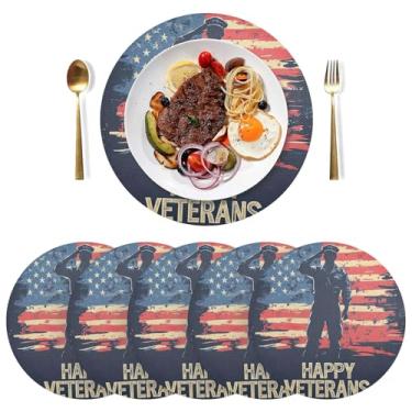 Imagem de Conjunto de 6 tapetes redondos de PVC duráveis azuis para homenagem ao dia dos veteranos 38 cm, jogo americano antiderrapante para mesa de cozinha