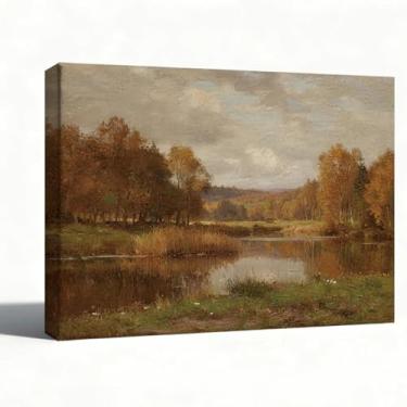 Imagem de Arte de parede em tela de paisagem de rio de outono, impressão de pintura a óleo de natureza tranquila, decoração de parede rústica para sala de estar quarto escritório, pronto para pendurar, exibição