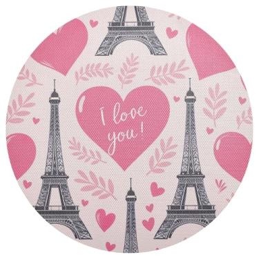 Imagem de Jogo americano Eiffel Hearts com círculo rosa, conjunto de 1 jogo americano redondo de PVC, mesa de jantar de 38 cm, tapetes laváveis para festa de Natal