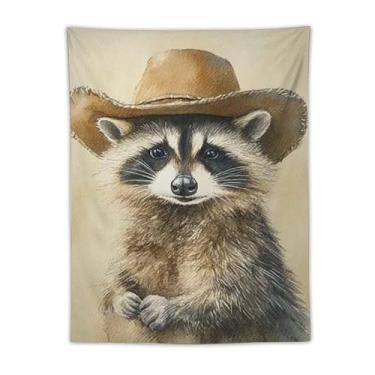 Imagem de Tapeçaria de parede com chapéu de cowboy guaxinim decoração de animais de fazenda fundo bege arte rústica fofa para sala de estar quarto aconchegante estilo country decoração de pendurar decoração