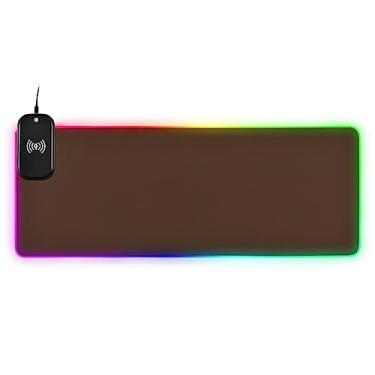 Imagem de Mouse pad para jogos RGB extra grande marrom com carregamento rápido sem fio Qi de 15 W, 14 modos de iluminação, mouse pad de LED macio estendido, base de borracha antiderrapante, mouse e teclado 80 cm × 28 cm