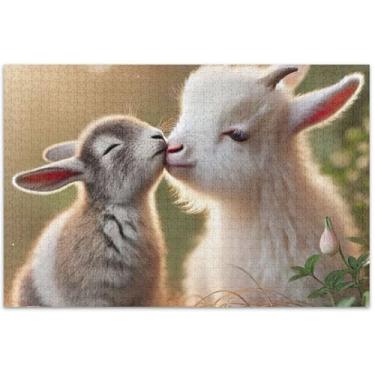 Imagem de Quebra-cabeça de animais beijo de cabra coelho adulto 1000 peças decoração de arte pintura família quebra-cabeças amigos família jogos presentes, 75 x 40 centímetros
