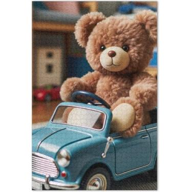 Imagem de Urso de pelúcia dirigindo carro quebra-cabeça engraçado 1000 peças adultos arte brinquedo pintura família quebra-cabeça presentes para jogo de elefante branco