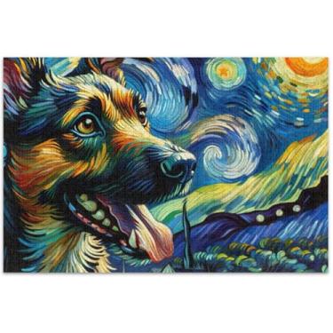 Imagem de Quebra-cabeça de noite estrelada com estampa de cachorro fofo, 500 peças, presentes de elefante branco, quebra-cabeça rígido, engraçado, pintura de brinquedo, 51 x 35 cm