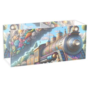 Imagem de TSENQUE Porta-lápis de mesa, bonito, bonito, trem de desenho animado, acrílico, papelário, suporte para copos artístico, suporte de caneta, material de escritório decorativo personalizado