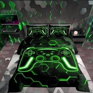 Imagem de Erosebridal Jogo de cama King para jogos de colmeia neon com luzes hexagonais verdes, decoração de quarto de meninos