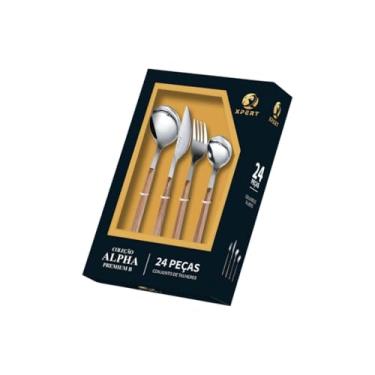 Imagem de Conjunto de Talheres 24 Peças em Aço Inox com Cabo Tipo Madeira, Inclui Garfos, Facas para Churrasco e Colheres, Cor Inox, 789g