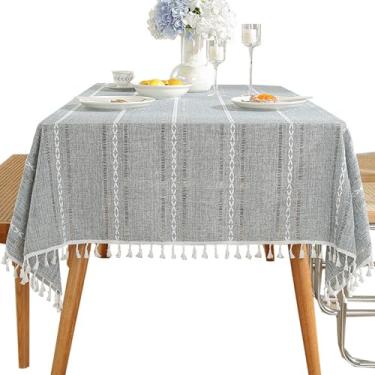 Imagem de Qubjus Toalha de mesa luxuosa de linho vazado de algodão com franja de borla, capa de mesa decorativa para mesas de jantar quadradas e retangulares, toalha de mesa texturizada para cozinha, festas