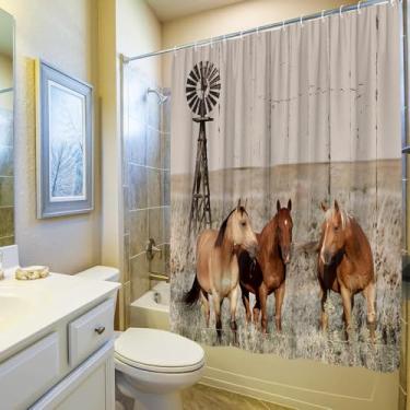 Imagem de Cortina de chuveiro de cavalo moinho de vento animal de fazenda fazenda vintage casa de fazenda de madeira conjunto de acessórios de banheiro tecido com gancho 170x170 cm A