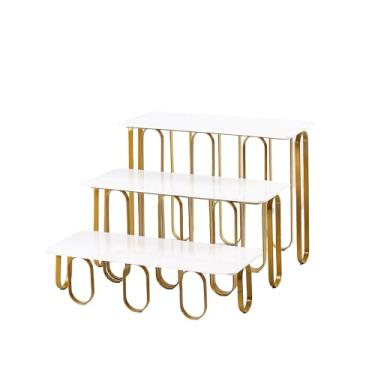 Imagem de Conjunto de pratos retangulares de 38 cm com 3 camadas com suporte de metal, bandeja dividida para festa, usada para exibir bolos, frutas e sobremesas, versão dourada e branca