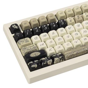 Imagem de TIMSEKER Teclas PBT vintage de 145 teclas: preto bege cinza com tema rosa, perfil FOA sublimado de 5 lados para teclado mecânico layout ANSI