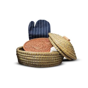 Imagem de Cesta para aquecedor de pão com pedra e tampa – Inclui cestas ovais de aquecimento com capa, forro e aquecedor de terracota para servir pão fresco e quente, inclui pedra de aquecimento e toalha