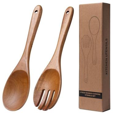 Imagem de Servidores de salada, conjunto de colher e garfo de salada de 26 cm, conjunto de utensílios de servir salada de madeira de acácia para jogar, misturar e cozinhar