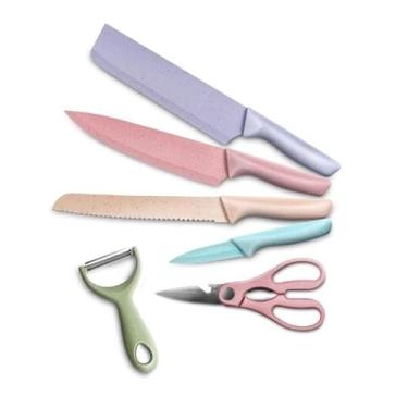 Imagem de Kit Conjunto de Facas Coloridas 6 Pç Aço Inoxidável Premium Preciso Churrasco Cozinha Profissional