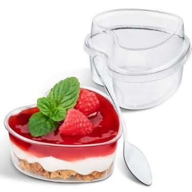 Imagem de TOFLEN Copos de sobremesa em forma de coração de 142 g com tampas e colheres, 300 peças | Serve 100 | Mini copos de plástico atirador de sobremesa para parfait, cheesecake, mousse, aperitivos, jello