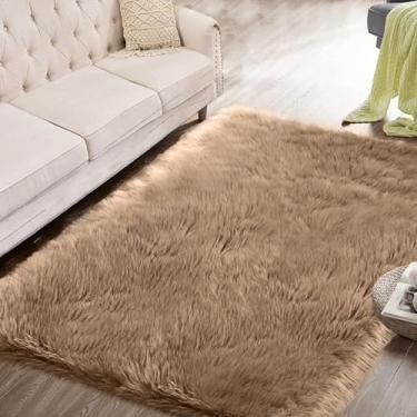 Imagem de ORINOVA Tapetes laváveis de pele de carneiro sintética bege 3x5 de pele fofa para quarto, tapete felpudo para sala de estar, berçário, decoração de casa