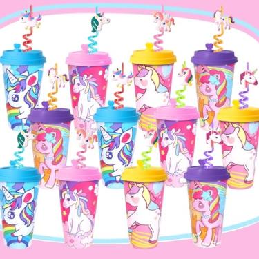 Imagem de FZR Legend Pacote com 24 copos de lembrancinhas de festa Unicor com canudos, copos de plástico arco-íris de 473 ml com tampas para decoração de festa de aniversário infantil