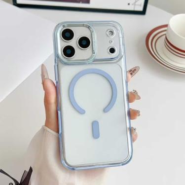 Imagem de SFDSUH Capa transparente magnética para carregamento sem fio do iPhone 16 Pro com anel de lente de metal e capa rígida de acrílico (para iPhone 16 Pro/AZUL CLARO)