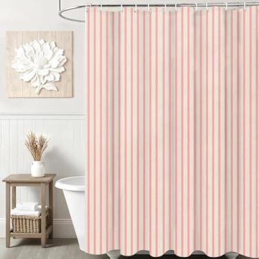 Imagem de Ksriylm Cortina de chuveiro rosa bege listrado linho algodão impermeável, cortinas de chuveiro listradas engraçadas para decoração de banheiro, cortina de chuveiro de tecido chique 183 cm L x 183 cm C