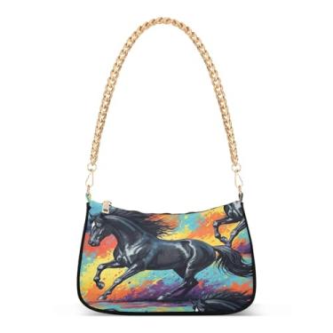 Imagem de Bolsa de ombro colorida com estampa de cavalo preto, bolsa feminina artística, bolsa clutch Hobo versátil