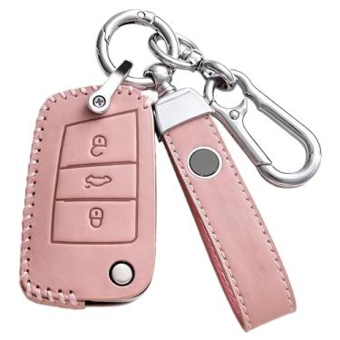 Imagem de Capa protetora para chave remota de carro de couro, capa protetora, acessórios para chaveiro automotivo, compatível com Skoda Octavia/A5/Fabia/Superb/Kodiaq(B-pink ring)