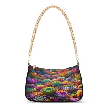 Imagem de Bolsa de ombro com corrente de flores coloridas vibrantes, bolsa feminina Hobo média, bolsa elegante para noite ou festa