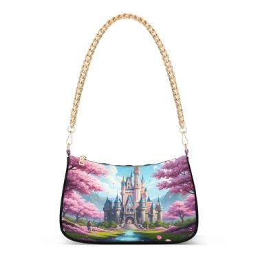 Imagem de Bolsa de ombro com corrente de ombro Fairytale Castle Cherry Blossom, linda bolsa de mão Hobo média para mulheres, bolsa clutch moderna para o dia a dia