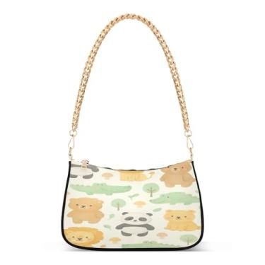 Imagem de Bolsa de ombro com corrente de urso panda e leão de animais fofos, bolsa de mão Hobo de poliéster para mulheres, bolsa moderna com grande capacidade e alça removível
