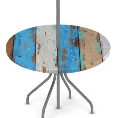 Imagem de Toalha de mesa redonda ajustada ao ar livre - toalha de mesa circular com borda elástica com orifício para guarda-chuva e zíper oculto - toalha de mesa impermeável de grão de madeira azul serve para