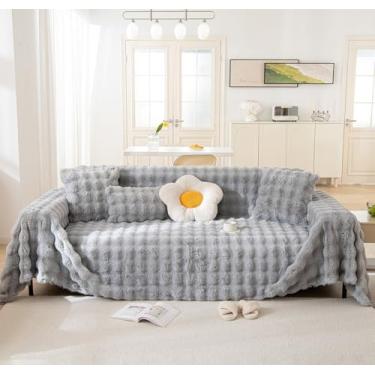Imagem de VM VOUGEMARKET Capa de sofá cinza 1 peça capa universal grossa de pele de coelho sintética capa de sofá quente macia e macia capa de sofá para móveis, cobertor de pelúcia fofa - cinza, 180 cm x 299 cm