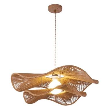 Imagem de Luminária pendente de rattan trançado com cúpula dupla de corda de papel, lustre de teto em formato de flor trançada à mão, luminária rústica para sala de jantar, bar ou café.