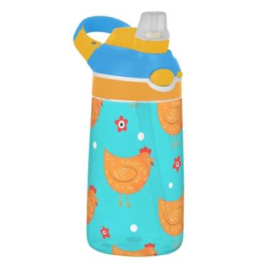 Imagem de Garrafa de água de 473 ml para crianças, à prova de vazamento, 473 ml, garrafa de água de plástico Tritan com canudo reutilizável e portátil, alça de transporte, animais de fazenda de galinha fofos