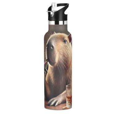 Imagem de Garrafas de água de animais vintage capivara para crianças, meninas, garrafa de água de aço inoxidável sem BPA, copos de viagem isolados para crianças com tampa de canudo para bebidas quentes ou frias