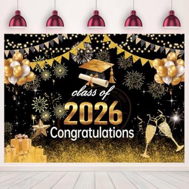 Imagem de MHLSWY 2,8 x 1,5 m Classe de 2026 pano de fundo de formatura dourado preto glitter decoração de festa balão cabine de fotos fundo de fotografia cerimônia de parabéns cerimônia celebração estúdio