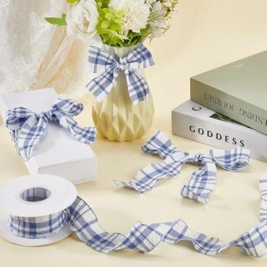 Imagem de Carretel de fita xadrez com borda de babado azul de 3,5 cm (1 5/20.3 cm) 10 jardas de chiffon guingão, dupla face, plissado, acabamento de serapilheira, acabamento de serapilheira para costura, laços