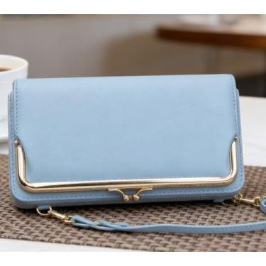 Imagem de Carteira masculina retrô azul horizontal magnética de couro liso de grão cruzado, design horizontal azul retrô com fecho magnético, couro liso de grão cruzado, ultrafina