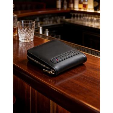 Imagem de Carteira curta de couro com zíper com vários compartimentos para cartões, dobrável fina para itens essenciais diários (preto)