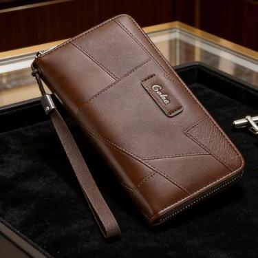 Imagem de Carteira masculina, carteira de couro longa funcional com zíper, organizador multiuso de grande capacidade com bloqueio RFID e vários compartimentos para cartão (marrom escuro)