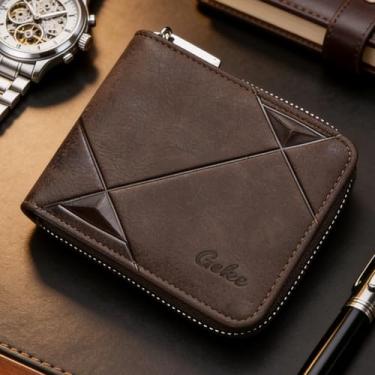 Imagem de Carteira masculina de couro curta com zíper, carteira espaçosa com compartimento com zíper (marrom escuro)