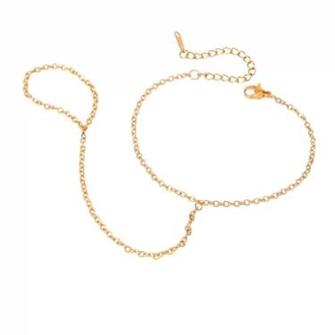 Imagem de Pulseira De Corrente De Mão De Aço Inox Banhado A Ouro Pulseira feminina banhada a ouro amarelo 14 quilates | Pulseira delicada