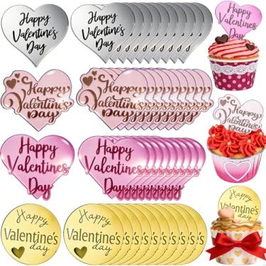 Imagem de Happy Valentine's Day Cupcake Toppers 40Pcs, Heart Shaped Mirror Finish Cake Picks Round Romantic Acrylic Cake Decorations with Sweet Love for Valentines Party, Anniversary, Wedding Dessert Decor