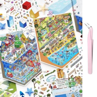 Imagem de Holiday Village 3D Miniature Scene Stickers, Large 2 Set DIY Fun Travel House Cute Cartoon Scene Tiny Stickers for Adult Kids Relief Stress Pass The Time (Holiday Village-Large 2 Set)