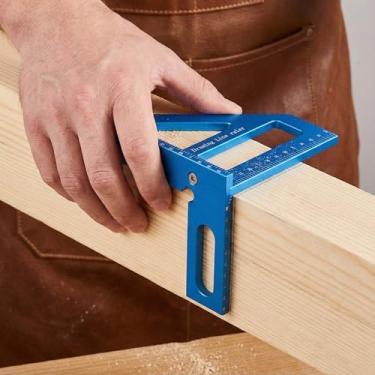 Imagem de 1 régua de triângulo de esquadria de liga de alumínio azul, transferidor quadrado de layout multiângulo 3D 45°/90° para medição de marcenaria