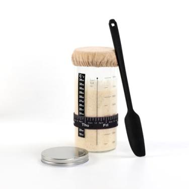 Imagem de Kit de Jarro Massa Madre para Pão com Banda Alimentação Marcada por Data Termômetro Raspeador Capa Tecido Costurado e Tampa Metal Recipiente Vidro Boc