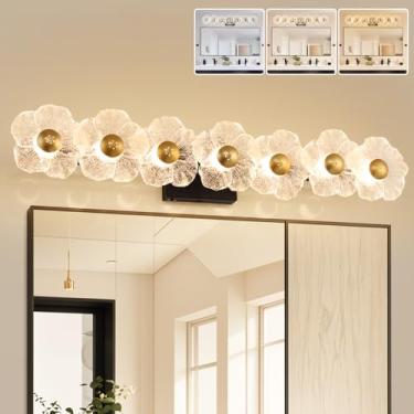 Imagem de MantoLite Luminária de banheiro luminária moderna sobre espelho ajustável 3000 K-6000 K luzes de arte com persianas de vidro transparente floral para sala de estar quarto arandelas de parede (7 pretos