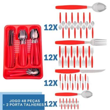 Imagem de Faqueiro 48 Pçs COM 2 Porta Talheres Vermelho Aço Inox Berlim - EM CAS