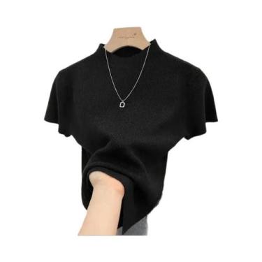 Imagem de Suéter Feminino De Tricô Gola Alta Slim Fit Fino De Verão Manga Curta 