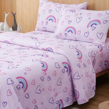 Imagem de Swiftify Jogo de lençol casal para crianças, com corações de arco-íris roxo, jogo de cama de 4 peças para meninos e meninas, roupa de cama de microfibra macia escovada, bolso profundo, resistente a